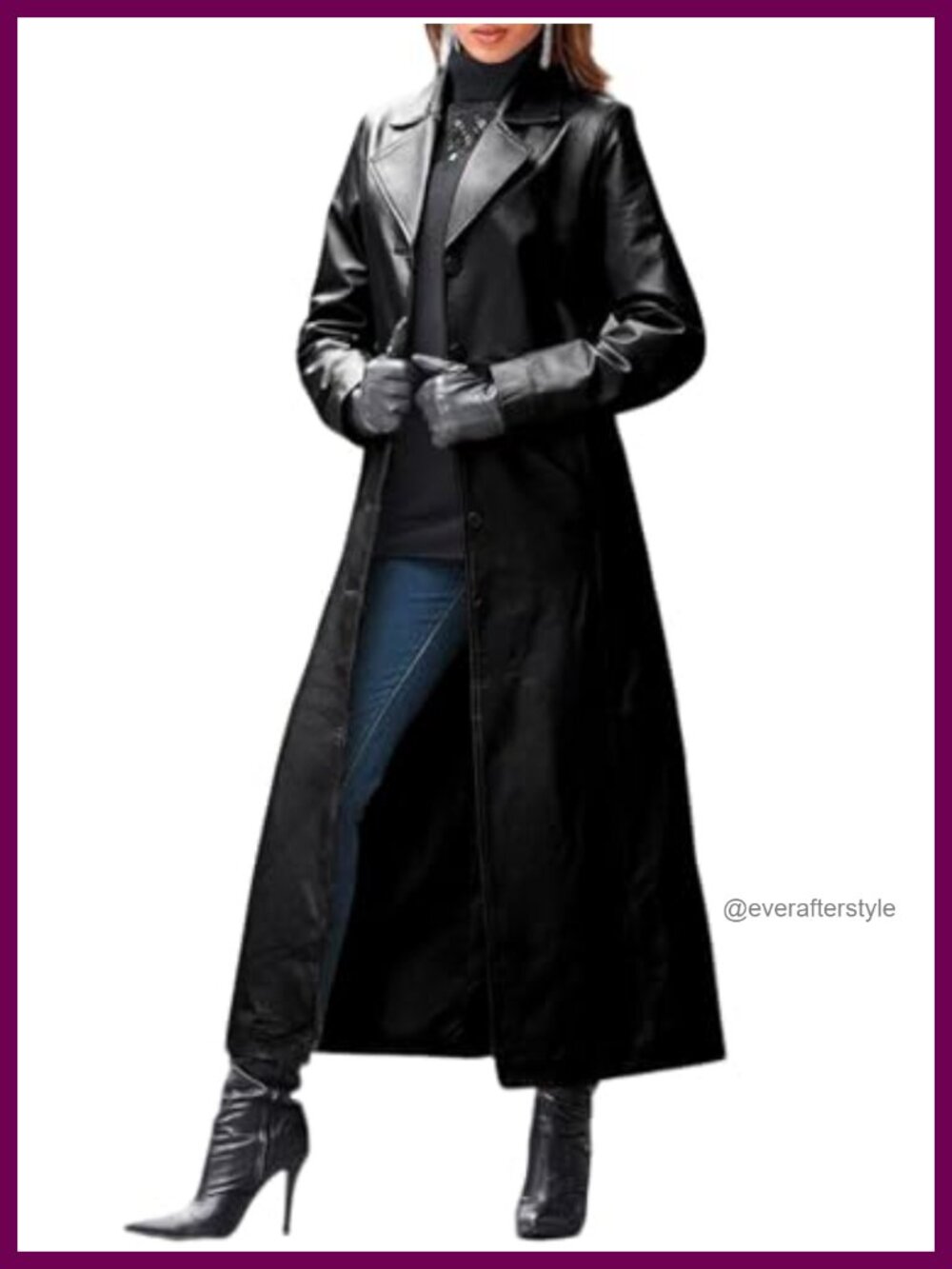 Faux Leather Trench Coat Classic Lapel Button Down Maxi Overcoat